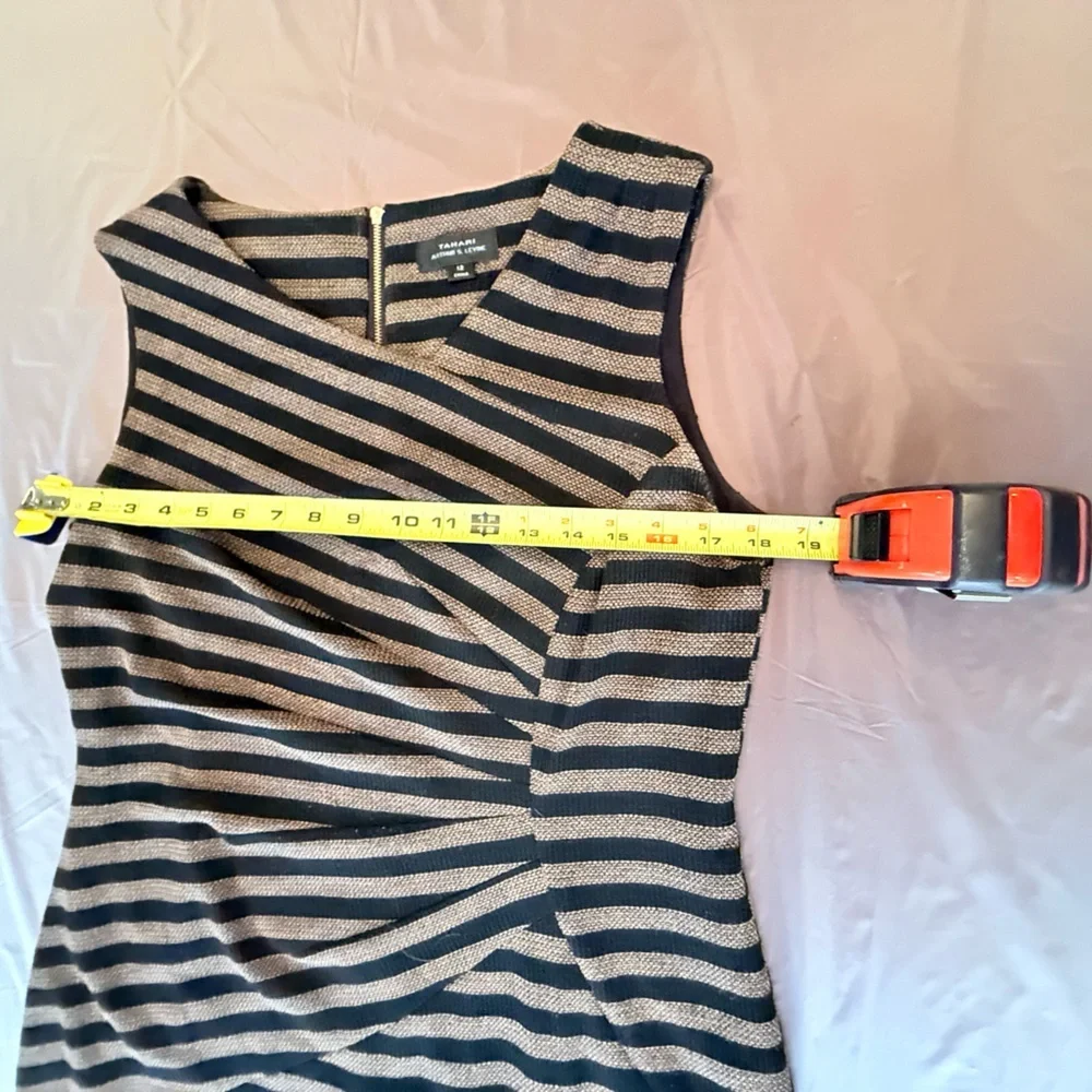 Tahari Black/Tan Asymmetrical Striped Sleeveless Shift Dress Size 12/Large $150